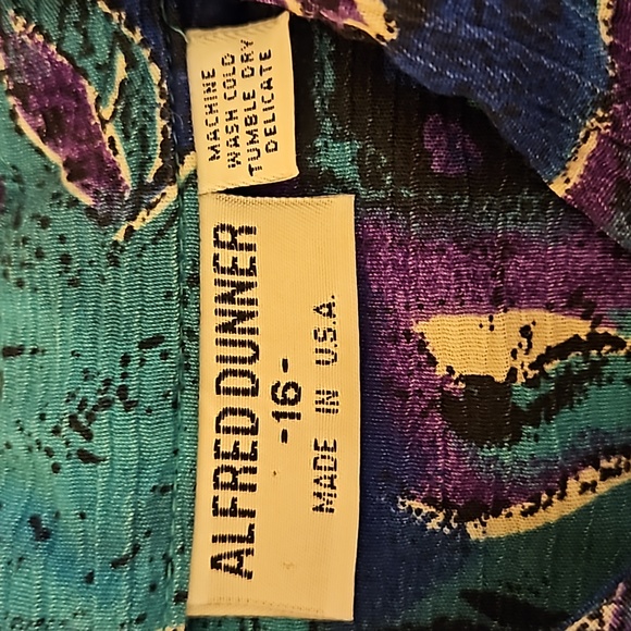 VINTAGE ALFRED DUNNER BLOUSE TOP BUTTON DOWN BLUE PURPLE 16 PALM LEAVES RETRO - Picture 8 of 8
